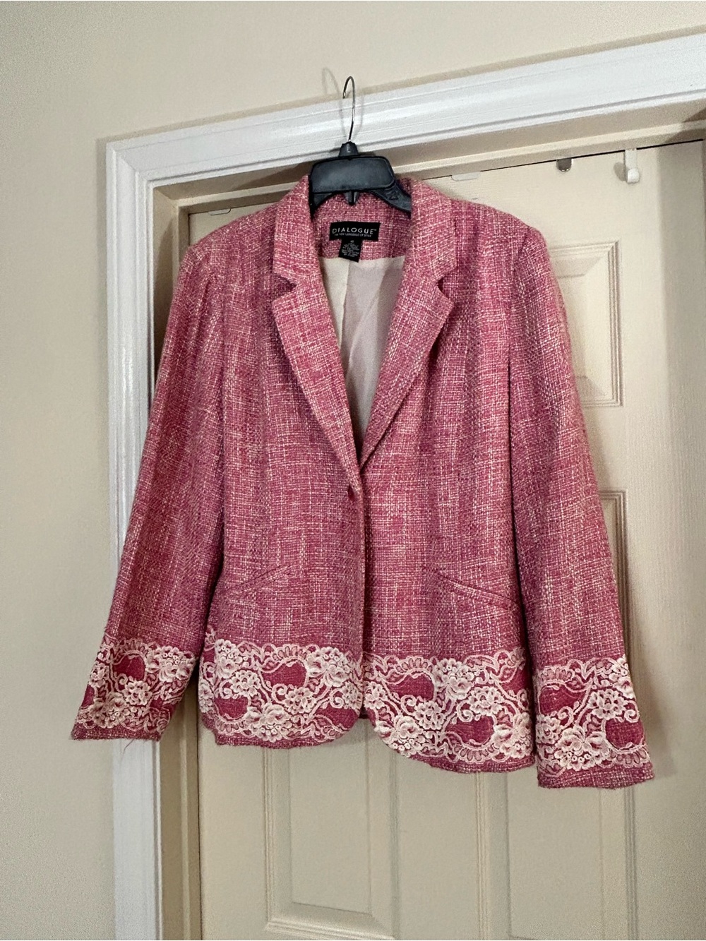 Dialogue Pink Tweed Blazer with Cream Lace Trim
